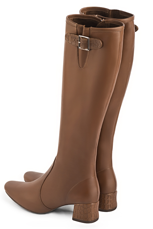 Caramel brown women's knee-high boots with buckles. Round toe. Low flare heels. Made to measure. Rear view - Florence KOOIJMAN